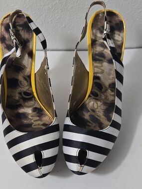Sam Edelman Black and White Striped Slingback Heels with Yellow Trim